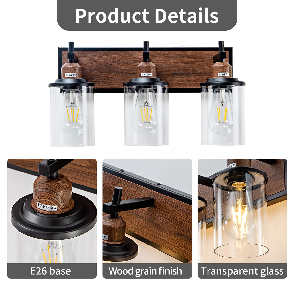 3 Light Farmhouse Bathroom Light Fixtures Vintage Vanity Lights Over Mirror Black and Wood Painted Metal Vanity Light with Glass Shades E26 Socket (Black and Wood-painted / 3-Light)