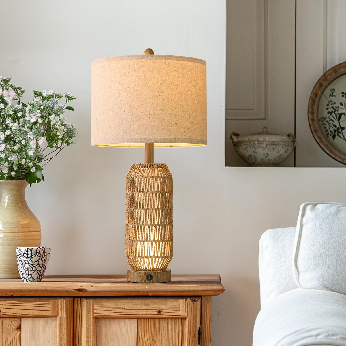25" Table Lamps Set of 2 with Night Light (Wood-Grain)