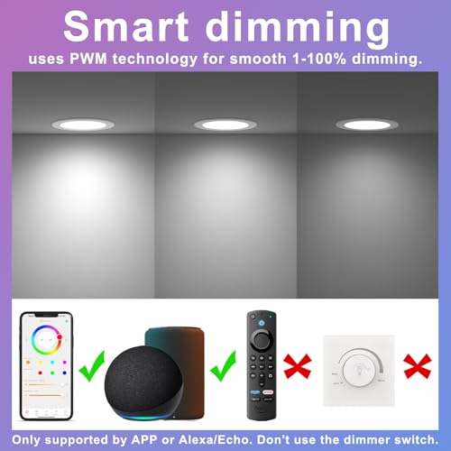 Smart Recessed Lighting 6 Inch RGBCW Color Changing 16W LED Downlight with Junction Box (White)