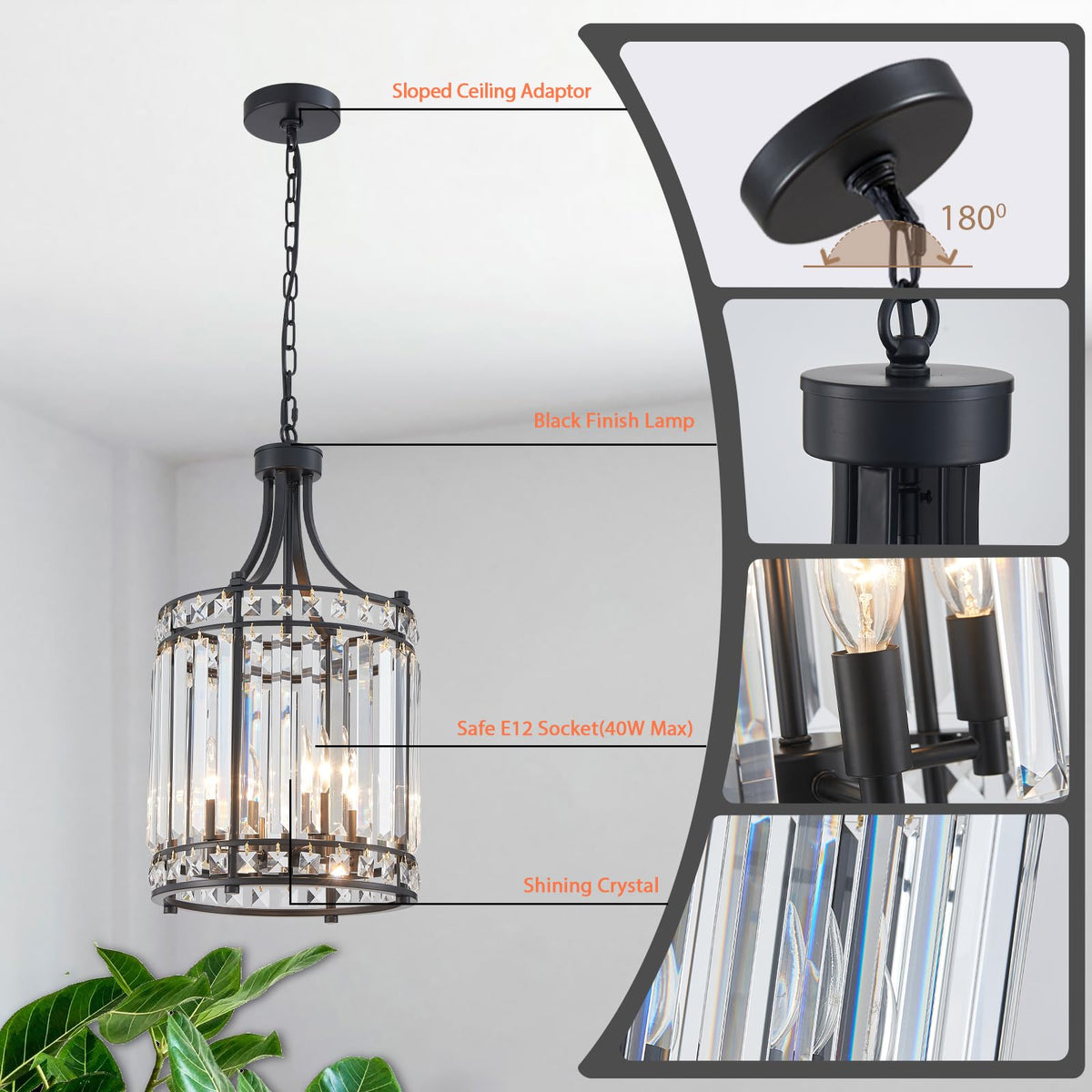 Lantern Crystal Chandeliers for Dining Room (Black)
