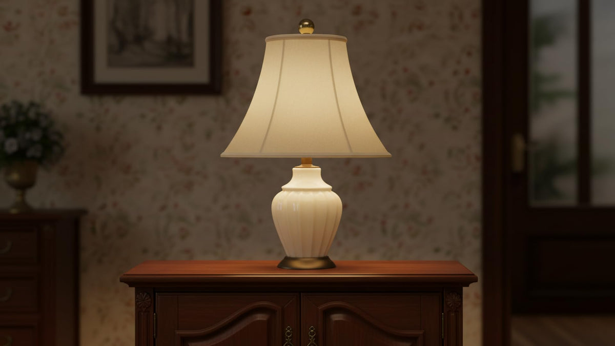 38004 2 Traditional Handsewn Bell Shaped Collapsible Spider Construction Lamp Shade in Cream