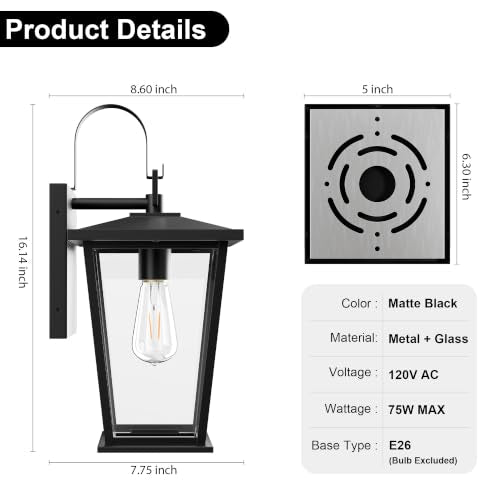 Outdoor Wall Lights Fixtures Lantern Frame 16 1 (Black-16.1in 1PCS / Non Dusk to Dawn)