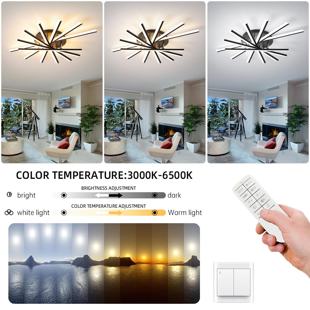 7 Lights Linear Modern Ceiling Lamp 41.3 inch Dimmable Led Semi Flush Mount Black Spiral Ceiling Light Fixture for Bedroom Dining Room Kitchen Island Living Room (Black / 41.3in)