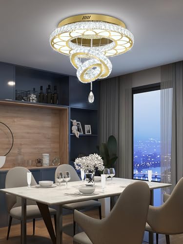 Dia 24" Modern Crystal Chandelier for Living Room Gold Ceiling Chandelier Flush Mount Crystal Ceiling Light for Dining Room Bedroom Hallway (Gold / W:24inches)