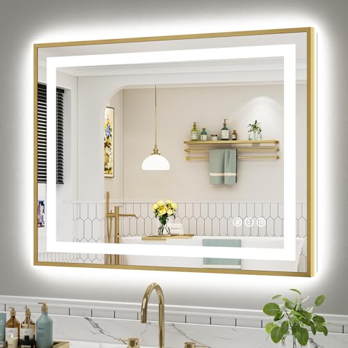 40x32 Inch LED Bathroom Mirror with Gold Frame (Backlit+front Lit With Gold Frame / 40"L x 32"W)