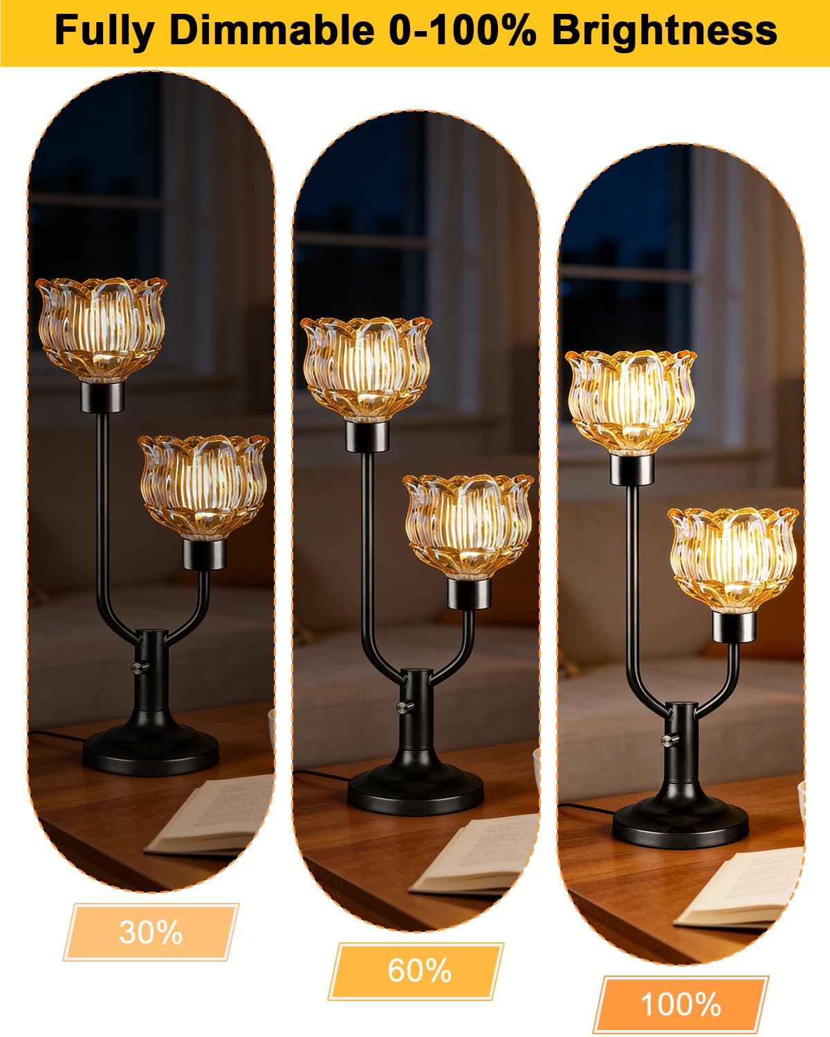 Mid Century Modern Glass Table Lamp Dimmable Vintage Black Lamp (17-Black-Amber-Lotus)