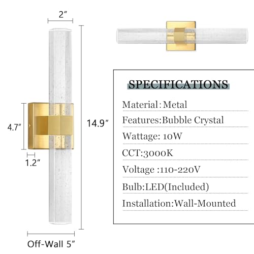 Set of 2 Gold LED Wall Sconce Lights Warm Light Modern Crystal Wall Lights Vanity Lighting Fixtures Sconces for Bathroom Living Room Bedroom Dining Room Hallway (Gold / set of 2)