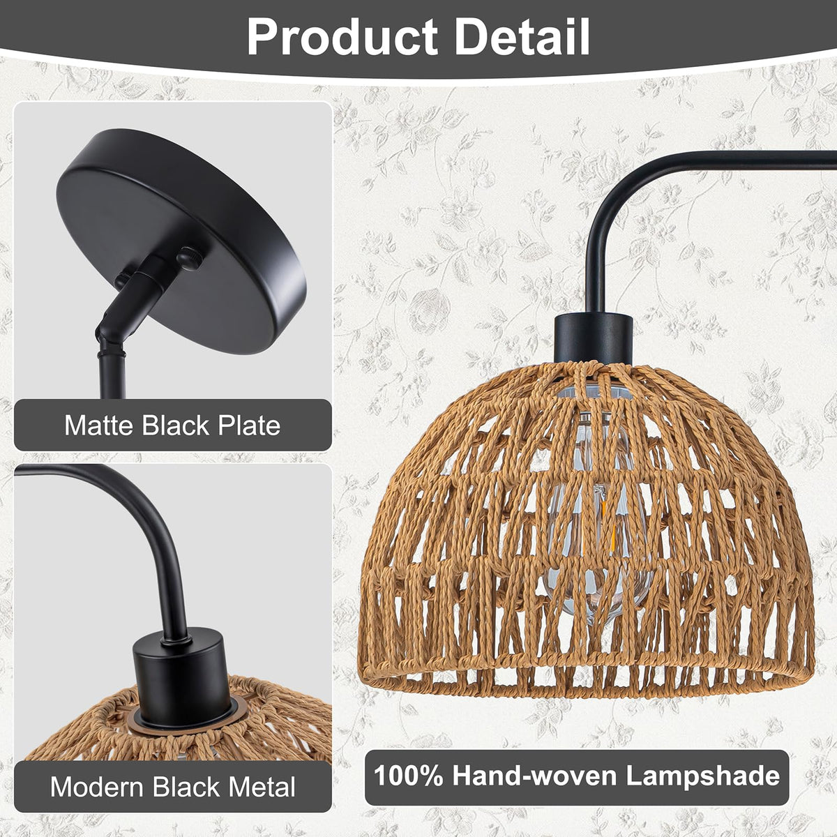 3 Light Hand Woven Rattan Kitchen Island Lighting (Black&Rattan)