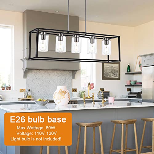 Modern Chandeliers Brushed Nickel and Black 5 Light Rectangle Dining Room Lighting Fixtures Hanging with Clear Glass Shade (Black and Brushed Nickel / 5 Light)