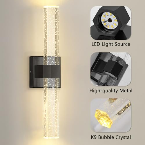 Set of 2 Black LED Wall Sconce Lights Warm Light Modern Crystal Wall Lights Vanity Lighting Fixtures Sconces for Bathroom Living Room Bedroom Dining Room Hallway (Black / set of 2)
