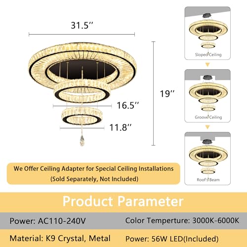 Modern Chandelier for Living Room Light Indoor LED Dimmable Lights Ceiling Chandeliers for Dining Room Bedroom Entryway Black 60W LEDs Fixtures 4800 Lumens (Black / W32")
