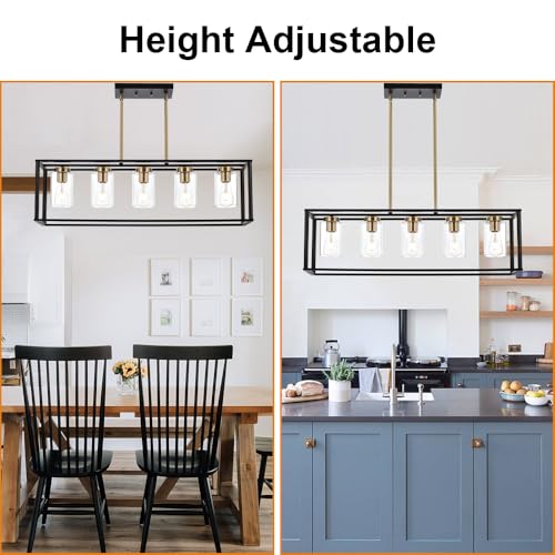 Farmhouse Chandeliers for Kitchen Island with Clear Glass Shade Black and Brushed Brass 5 Light Dining Room Lighting Fixtures Hanging (Brushed Brass / 5 Light)
