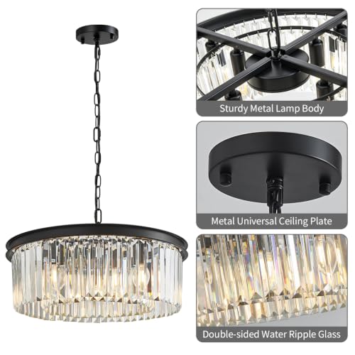 20'' Modern Crystal Chandelier Black Dining Room Light Fixture 8 Light (Black & 2 Tier Clear Crystals / 20'')