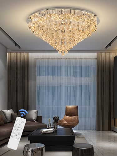 48in Chrome Crystal Chanderliers for Living Room Entryway Modern Crystal Folwer Ceiling Light for Foyer LED Dimmable Lighting 2700k 4500k 6000k (Silver / 48inch)