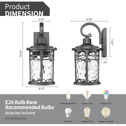 Outdoor Porch Lights Wall Mount Sconces with Stone Glass Outdoor Lighting Waterproof Exterior Lantern for House Front Porch Patio Garage Doorway Garden (1 Pack-Water Ripple Glass / Large)