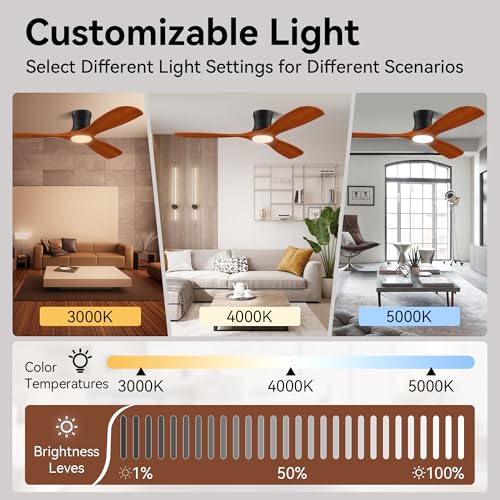 52Inch Wood Smart Flush Mount Ceiling Fans with Lights Remote (Wood& Black)