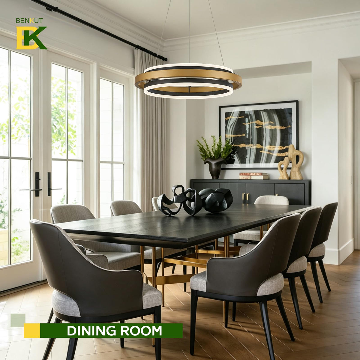 2 Rings Modern LED Chandelier Black Gold with Remote (Black Gold / 2 Rings 24 inches Up&Down)