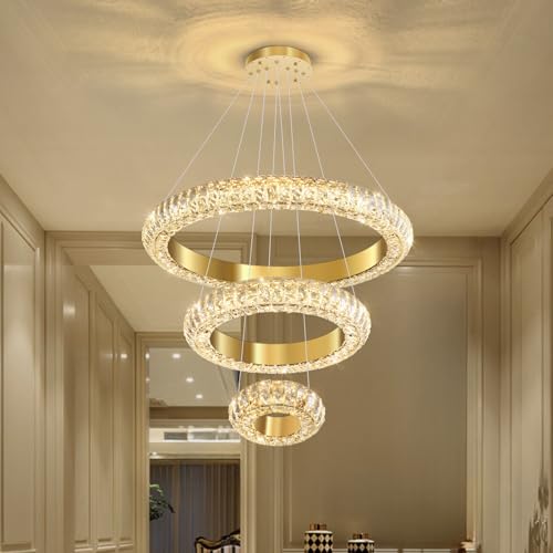 23.6" 3 Ring Crystal Chandelier Modern LED Dimmable Ring Pendant Light Round Chandelier for Dining Room Living Room Gold (Gold / 3 Ring Round 24")