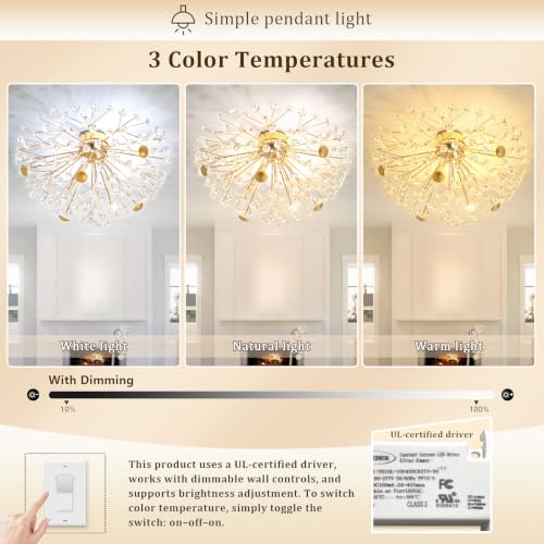 Crystal Sputnik Firework Chandelier LED Ceiling Chandelier for Bedroom Kitchen Island Hallway Entryway Crystal Firework Close to Ceiling Light (Gold Ceiling / Dia 24inches)