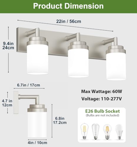 Bathroom Light Fixtures (Nickel-White Shade / 3-Light)