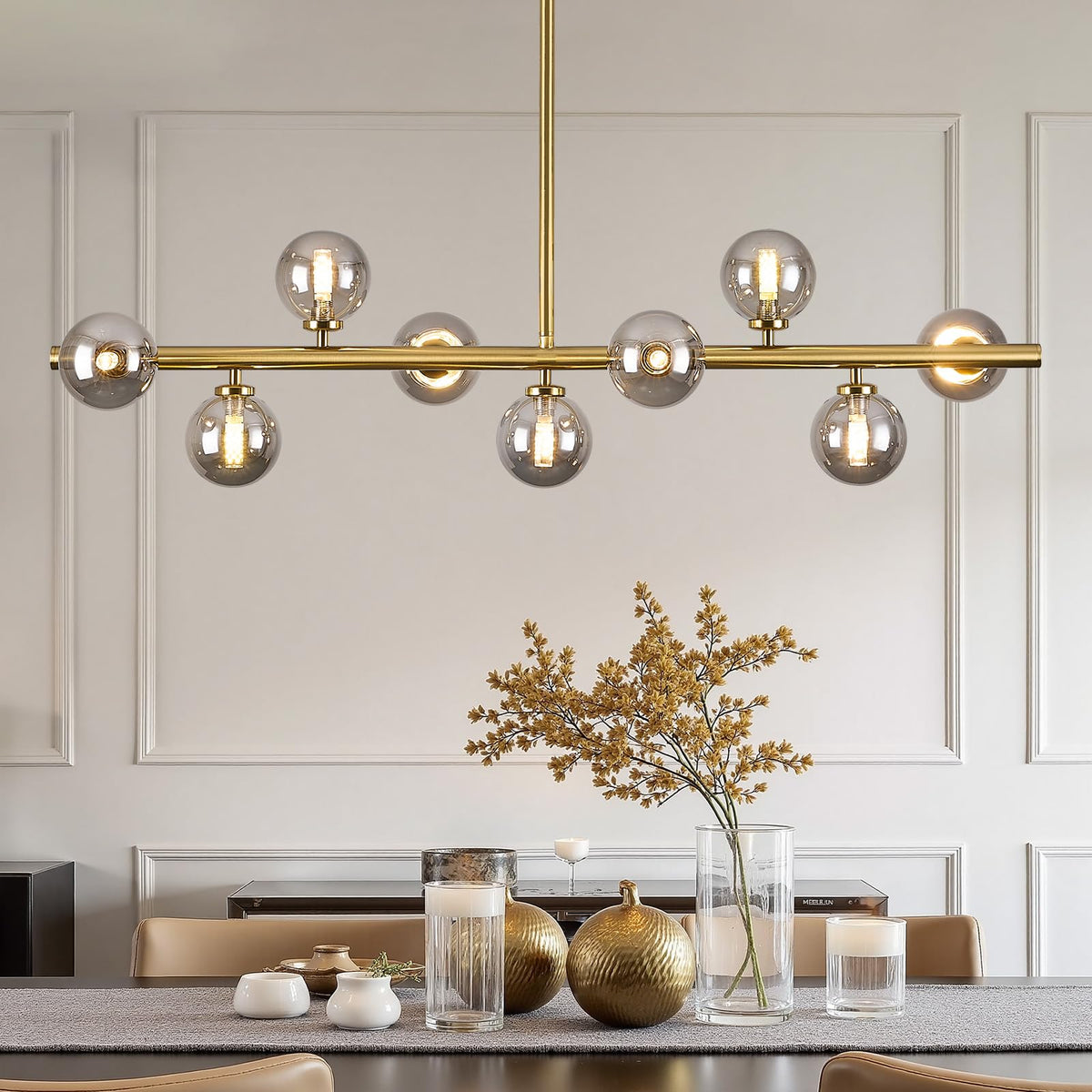 Linear Sputnik Dining Chandelier (Gold + Grey / 9-Light 40 Inch)