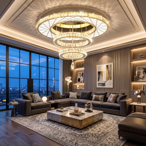 32"W Modern Chandeliers Living Room Light Crystal Flat Mounted Ceiling Lights Dining Room Light Bedroom Ceiling Drop Lighting Fixture Remote Dimmable Lights Bright Light with Dimming Night Light LED (32 inch / Silver)
