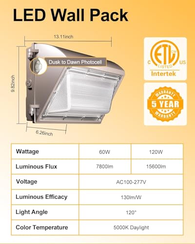 LED Wall Pack Light 120W 15600LM with Dusk to Dawn Photocell (120W 2 Pack)