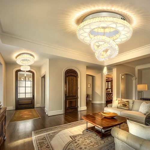Dia 20" Crystal Chandelier Crystal Silver Ceiling Light Fixtures LED Flush Mount Ceiling Light for Living Room Bedrooms Dining Room Dimmable 2700k 4500k 6000k (Silver / W:20inches)