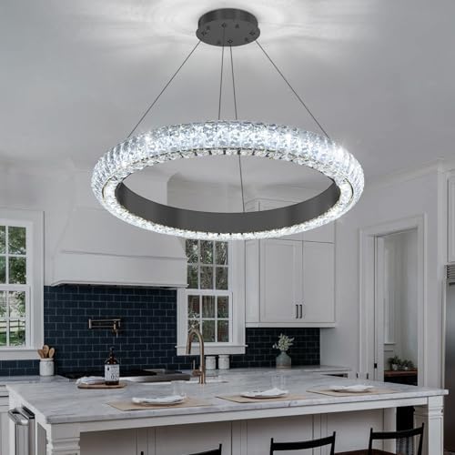 24" Ring Modern LED Dimmable Crystal Chandelier Adjustable Height Pendant Light Round Crystal Chandelier Light Fixtures for Dining Room Living Room Kitchen Island Black (Black / 1 Ring Round 24")
