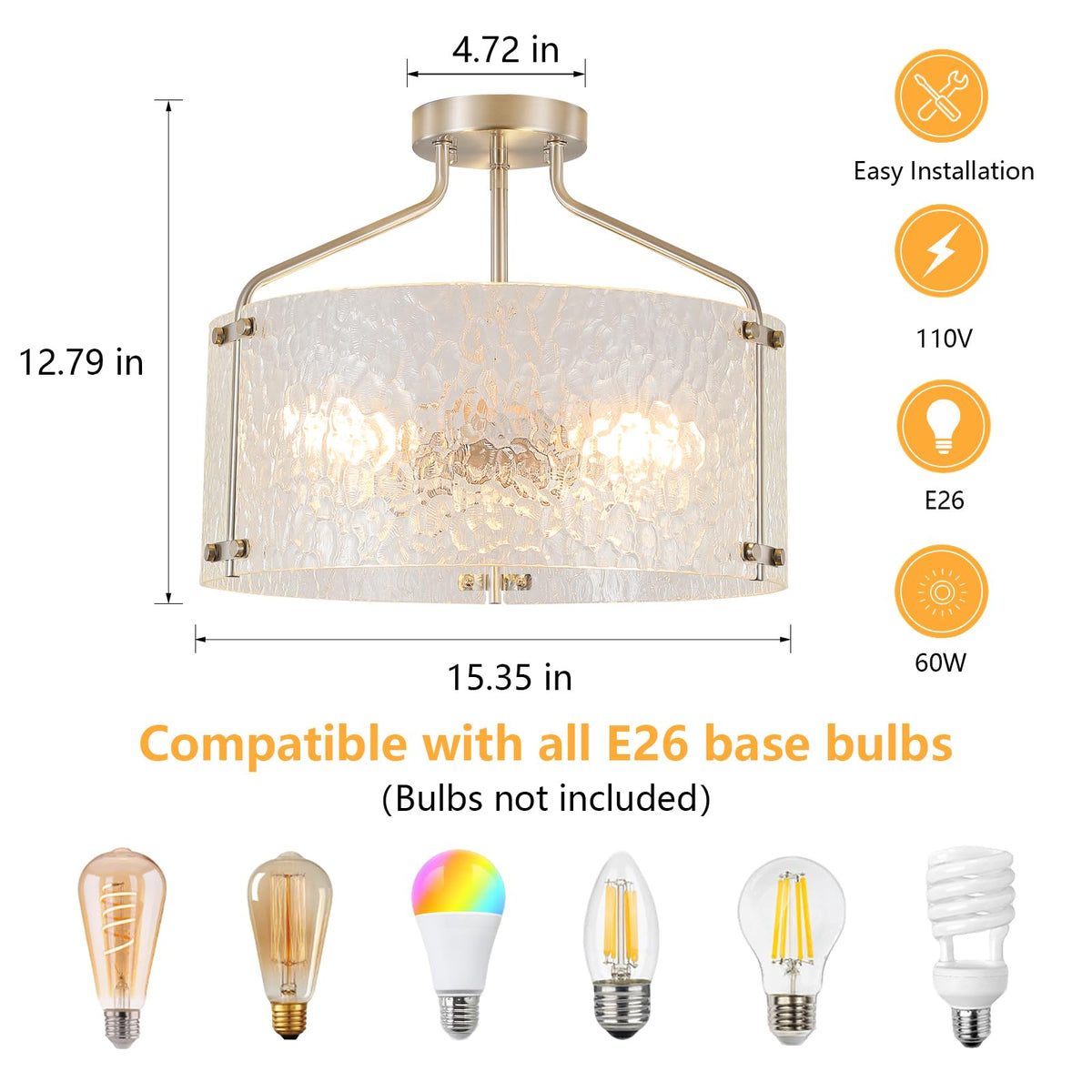 Semi Flush Mount Ceiling Light Fixture Glass Drum Chandelier Entryway Light (Brushed Nickel / 3-Light)
