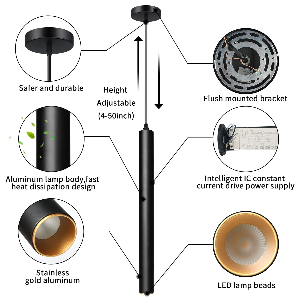 Modern Pendant Lights 4000K LED Dimmable Pendant Light Fixtures Pendant Lighting for Kitchen Island (Black-Dimmable-1p / 15.7inch-1p-1 light)