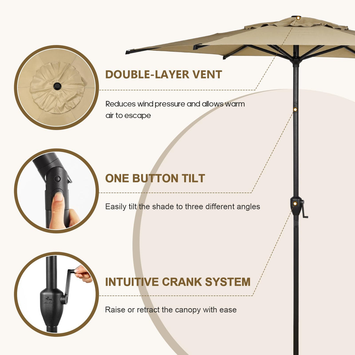 7.5FT Lyon Outdoor Patio Umbrella Outdoor Table Umbrella with Push Button Tilt and Crank Market Umbrella 6 Sturdy Ribs UV Protection Waterproof for Garden Deck Backyard Pool Tan (7.5 FT(6 Ribs) / Tan)