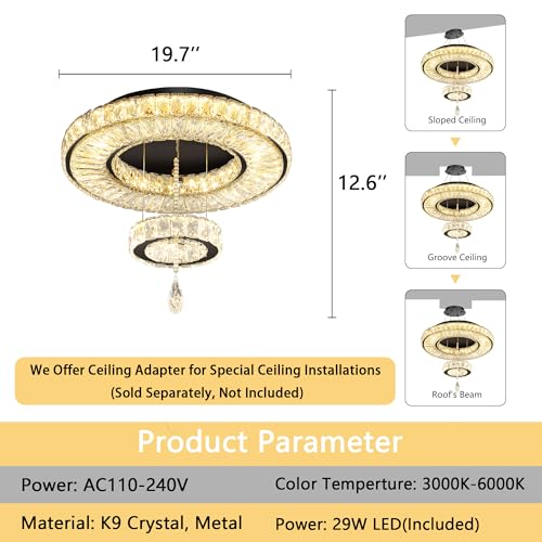 Modern Chandelier Bedroom Light Indoor LED Dimmable Lights Ceiling Chandeliers for Dining Room Kitchen Entryway Black 30W LEDs Fixtures 2400 Lumens (Black / W20")