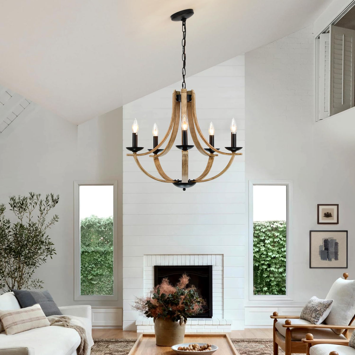 Farmhouse Chandeliers for Dining Room Light Fixture (Light Wood Grain 5-Lights D24'')