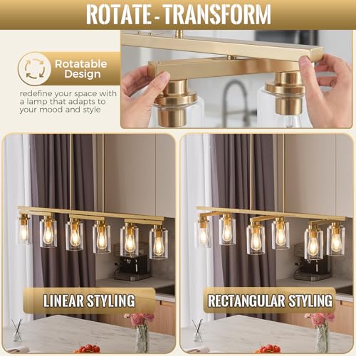 6 Light Brushed Gold Linear Chandelier (Gold+Clear Glass / 6 Light)