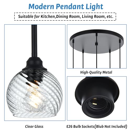 5 Light Cluster Pendant Light with Striped Swirl Globe Glass Black Pendant Lighting for Kitchen Island (Transparent / 5-Light-Round Cluster)