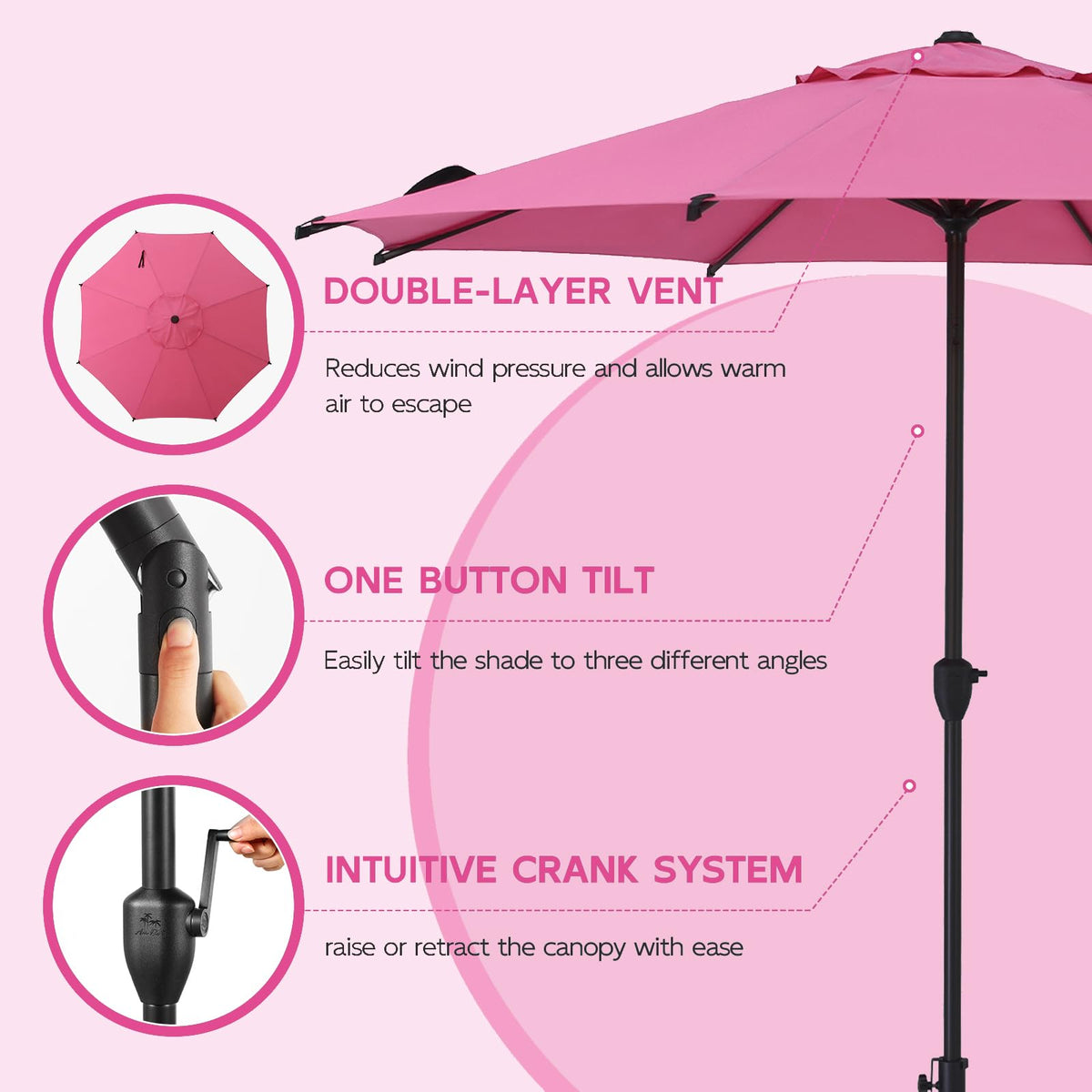 9FT Lyon Outdoor Patio Umbrella Outdoor Table Umbrella with Crank Market Umbrella 8 Sturdy Ribs UV Protection Waterproof and Push Button Tilt for Garden Deck Backyard Pool (9 FT(8 Ribs) / Pink)