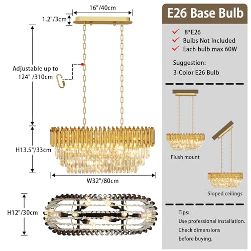 31.5" 8 Light Gold K9 Crystal Chandelier (Gold L32")