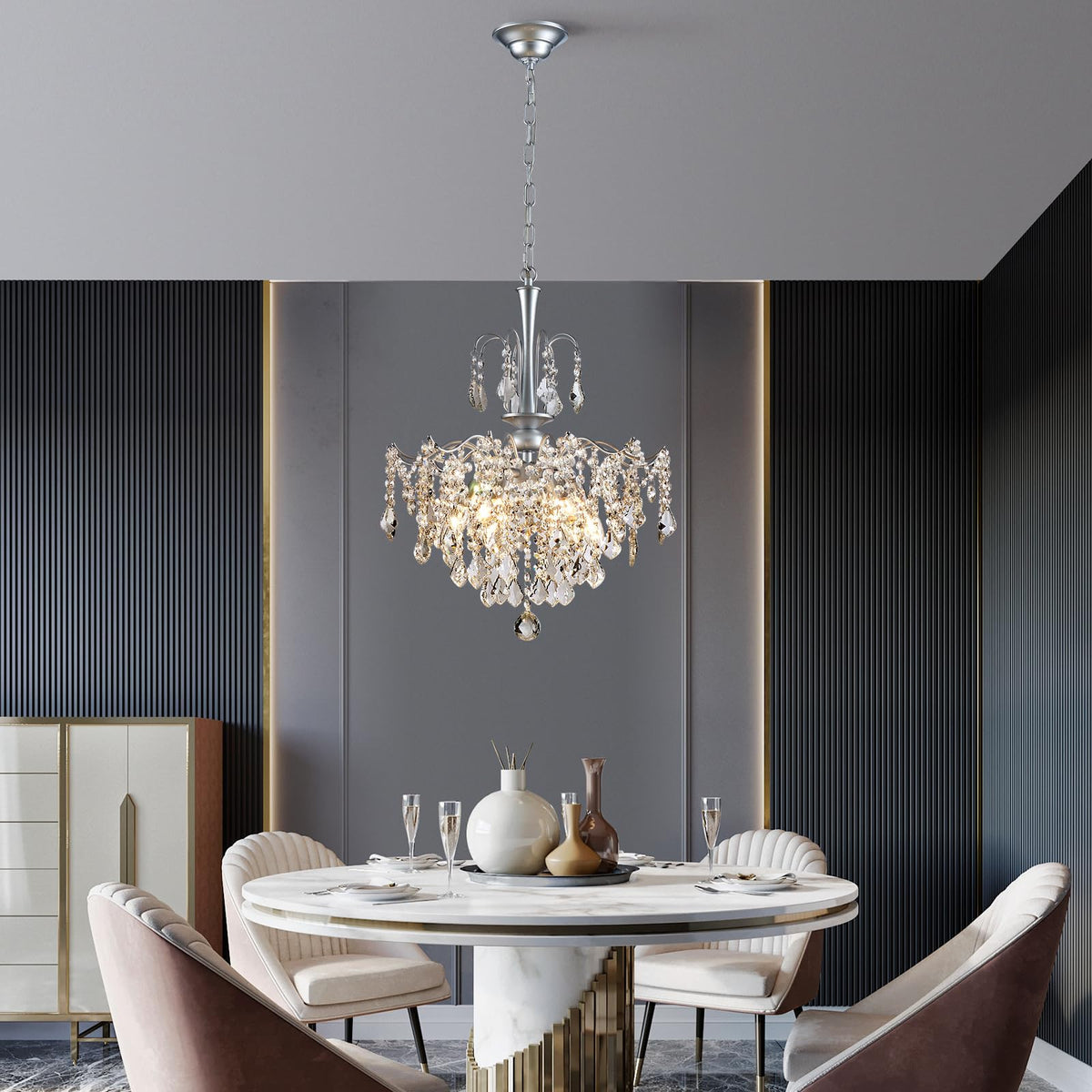 Modern Crystal Chandelier (Silver / H 23.6" x W 17.7")
