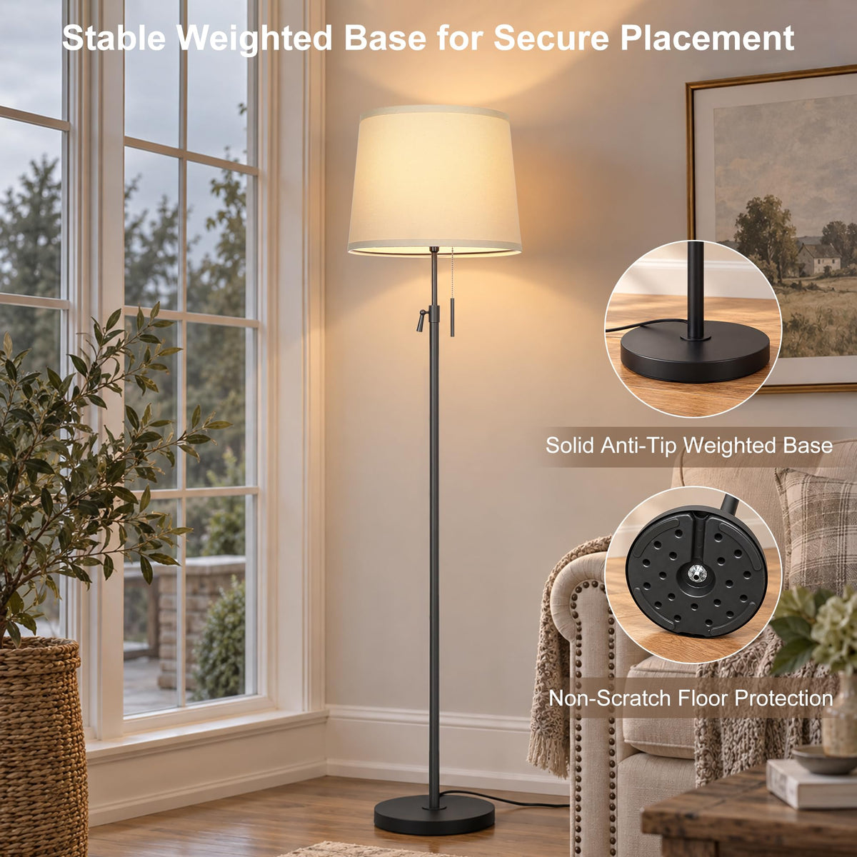 52" 63" Black Adjustable Floor Lamp (Black+Beige Linen Shade)