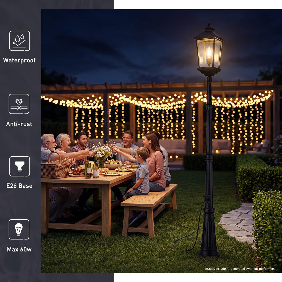 Large Dusk to Dawn Post Light with GFCI Outlet (Black - Seeded Glass / 100 Inch - Dusk to Dawn+GFCI)