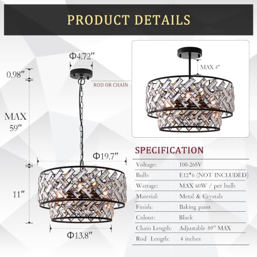 20" Black Crystal Chandelier (Large Drum Black)