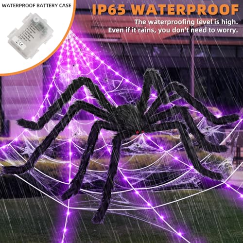 Halloween 200" Spider Web Light Decorations with 59" Giant Spider (Purple)