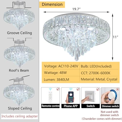 Modern Crystal Chandeliers for Dining Room LED Light Fixture Close to Ceiling Chandelier Flush Mount Ceiling Light Dimmable Lamp with Remote for Living Room Bedroom Hallway 2700K 6000K (Silver / 19.7" Width)