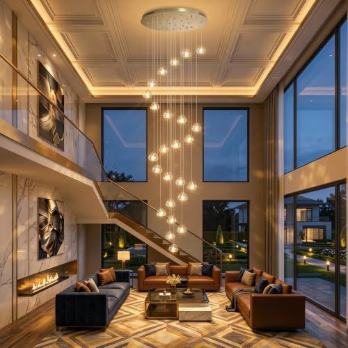 157 Inches Long Chandelier Bubble Crystal Balls Glam Chandeliers Dimmable Light High Ceiling Pendants Light Adjustable Large Size Lighting Fixtures Antique Gold (Brushed Nickel / 25 lights)