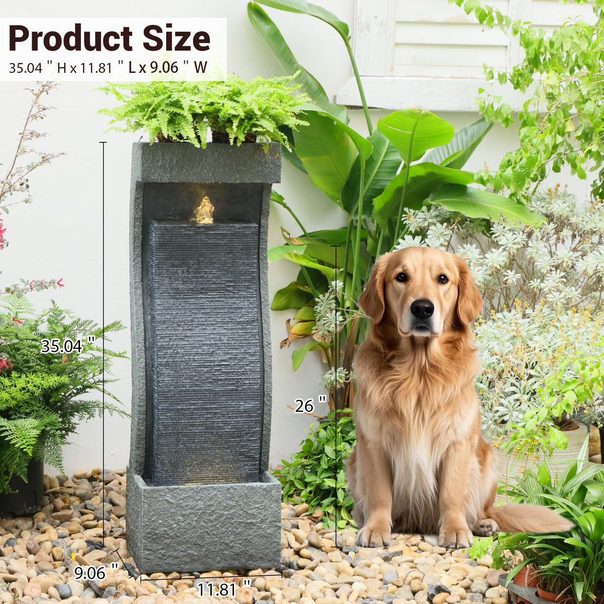 35H Modern Outdoor Water Fountain with Warm Light (35" Tall / Grey-35")