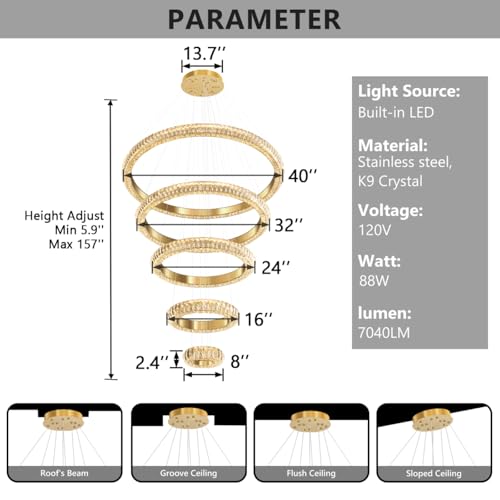 5 Ring Large Crystal Chandelier Modern LED Dimmable High Ceiling Chandelier Ring Contemporary Pendant Light Fixture for Living Room Foyer Staircase Gold D40'' (Gold / 5 Ring Round 40")