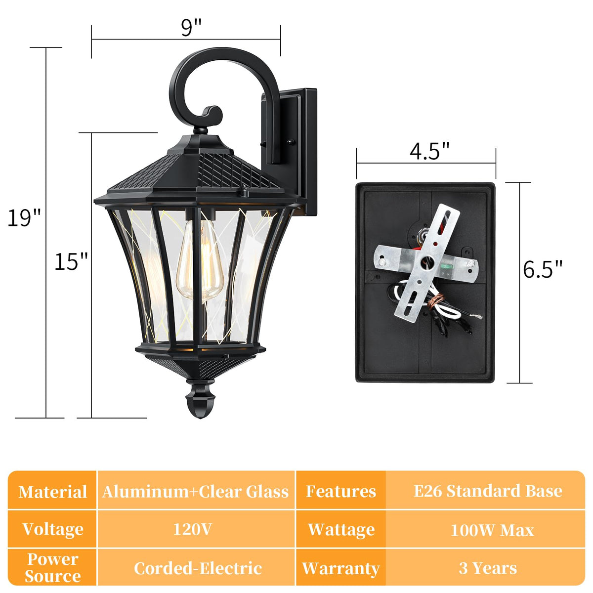 19" Large Outdoor Wall Lights (Black / 19inch-No Sensor-2Packs)