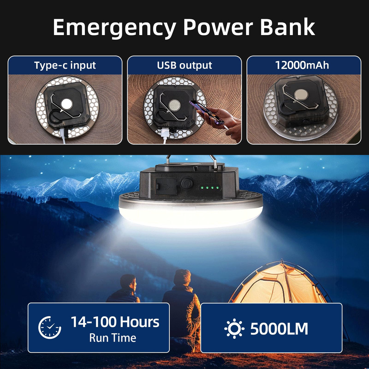 Rechargeable Camping Tent Light Portable LED Camp Lantern (45W White Light)