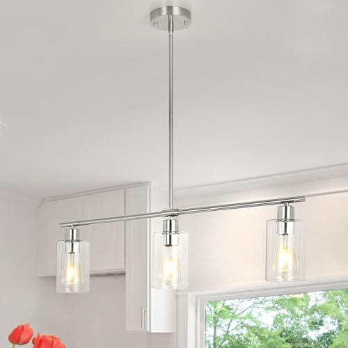 3 Lights Kitchen Island Lighting Brushed Nickel Pendant Light Fixtures with Glass Shade 31" Dining Room Chandeliers Adjustable Height Modern Linear Ceiling Hanging Light for Living Room (Brushed Nickel / 3-light)